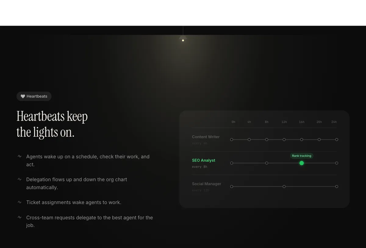 Heartbeat scheduling: agents wake on a schedule to perform tasks